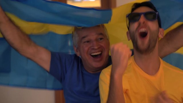 Swedish Father and Son Fans Watching and Celebrating a Soccer Game