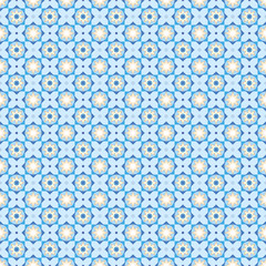 Beautiful geometric seamless pattern in shades of blue with yellow highlights. The pattern consists of stars, circles and rectangles. Suitable for covers of notepads, for prints on clothes.