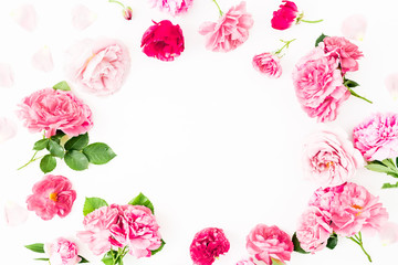 Pink rose flowers on white background. Flat lay, Top view. Flowers texture.