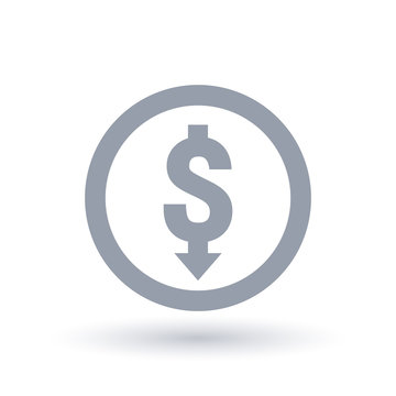 Dollar with arrow down concept icon in circle outline. Investment loss symbol. Economic recession sign. Vector illustration.