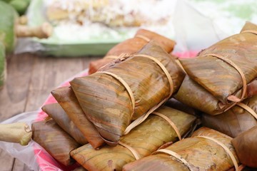Sticky rice wrapped in banana leaves