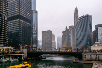 River view of foggy Chicago skyline