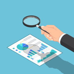 Isometric businessman hand use magnifying glass to check reports.