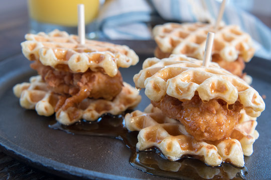 Three Chicken And Waffle Sliders with Syrup