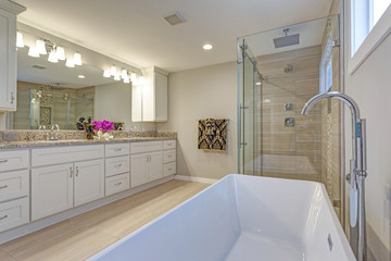 Light modern bathroom design with long white vanity cabinet