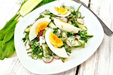 Salad with radish and egg in plate on board