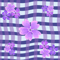 Seamless pattern pink delicate flowers on a background of a cage of modern purple hues