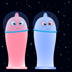  two condoms in space cartoon vector 