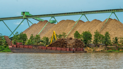 wood chip stockpile factory on Mahakam riverbank. industrial background