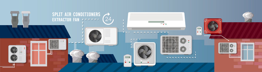 Split system check ventilation systems. Installation of air conditioners service banner. Air...