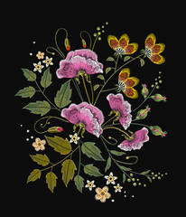 Beautiful bouquet of summer flowers t shirt design. Flowers embroidery on black background. Decorative floral embroidery elegant flowers beautiful poppies