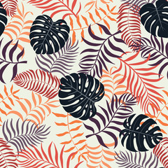 Tropical background with palm leaves. Seamless floral pattern. Summer vector illustration