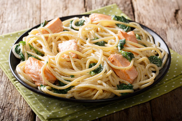 serving of spaghetti with salmon, cream cheese and spinach closeup. horizontal