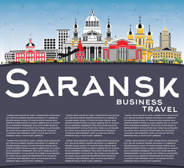 Saransk Russia City Skyline with Color Buildings, Blue Sky and Copy Space.