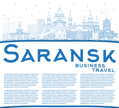 Outline Saransk Russia City Skyline with Blue Buildings and Copy Space.
