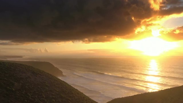 Beatiful landscape with sunset in Atlantic ocean, Morocco coast, Africa, zoom in timelapse