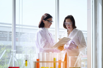 Young female scientist standing with teacher in lab worker making medical research in modern...