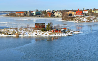 Islands of Helsinki archipelago on sunny spring day. Finland