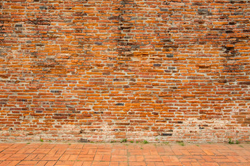 Aged empty red bricks wall and floor for background.