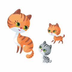 Cute cat with kittens. Vector illustration in cartoon style isolated on a white background.