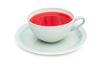 Cup of tea with saucer on white background.