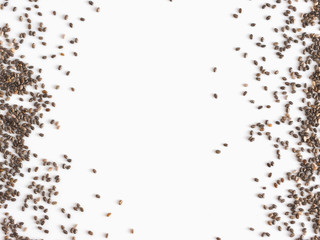 Fototapeta na wymiar Chia seeds with copy space. Isolated on white. Top view or flat lay. Healthy food and diet concept
