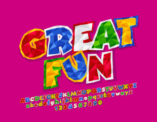 Vector Bright Crumpled Paper Sign Great Fun. Colourful Font. Playful Children Alphabet Letters, Numbers and Symbols