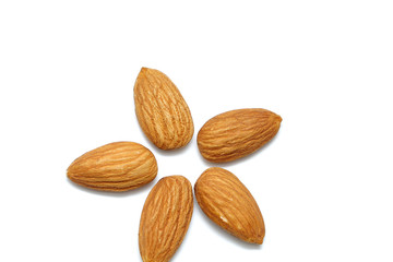 Almonds isolated. Group of almond nuts isolated on white background. Full depth of field
