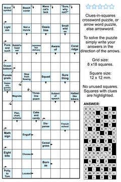 Clues-in-squares crossword puzzle, or arrow word puzzle, else arrowword. Real size, answer included.
