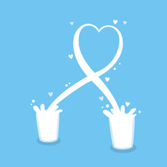 Cartoon cute two glasses milk, Splash  is heart-shaped vector. Blue background.
