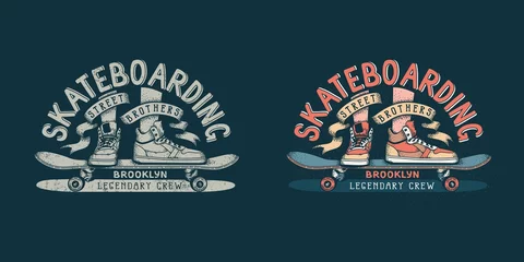  Skateboarding brooklyn retro emblem with legs in sneakers and skateboard © Agor2012