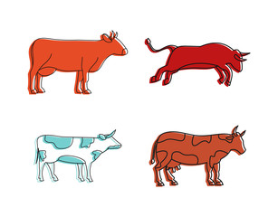 Cow icon set, color outline style