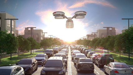 Air transport in an urban environment. Modern fast transport for the city. Movement without traffic jams. © unlimit3d