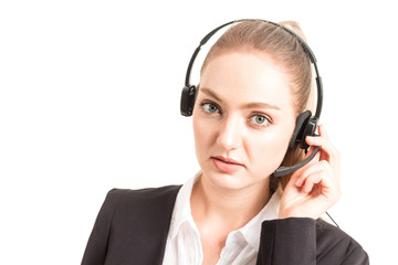 Beautiful businesswoman customer support services working with headset isolated on white background