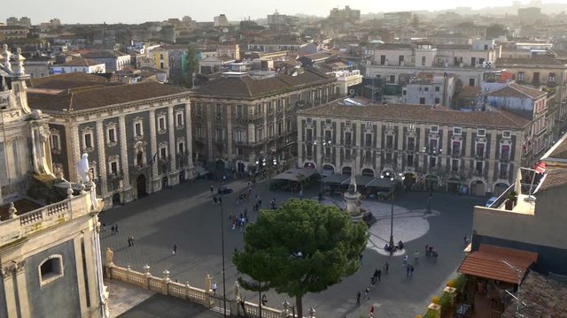 Catania, Sicily, Italy. Piazza Duomo (Cathedral Square) . Zoom out shot in daytime.