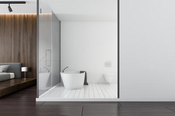 Obraz na płótnie Canvas White and dark wooden luxury bathroom, side view