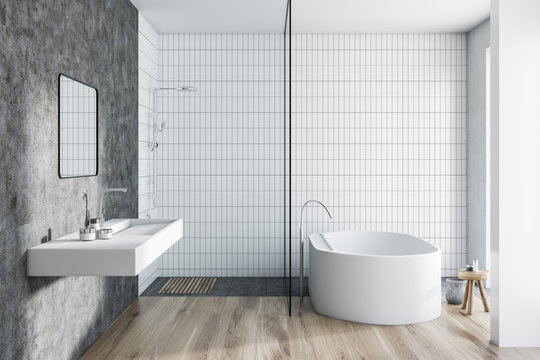 White tile bathroom interior