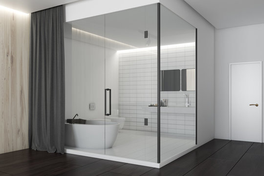 White and wooden luxury bathroom, side view