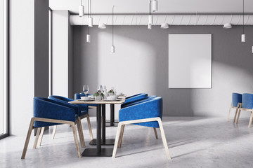 Blue chairs loft cafe interior, poster