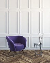 White living room with a purple armchair