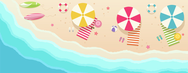 Beach, top view with umbrellas, towels, surfboards, sunglasses, hats, ball, starfish.