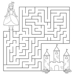 Coloring page, book for children. Maze game, help the princess find right way to the castle. Vector illustration © Kristina
