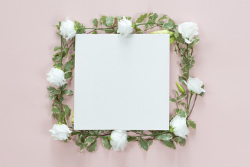 Top view and flat lay of green leaves frame on white pink background.
