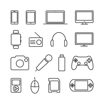 Vector image of set of devices and electronics line icons.