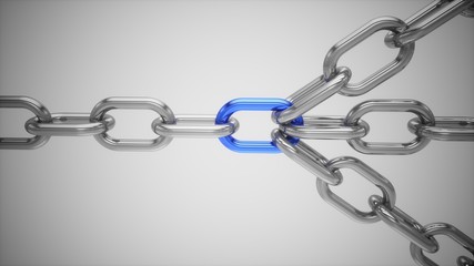 Obraz premium 3D rendering Chains connected by blue link. Connected group leadership teamwork concept.