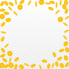 American dollar coins falling. Scattered sparse USD coins on transparent background. Exquisite round random frame vector illustration. Jackpot or success concept.