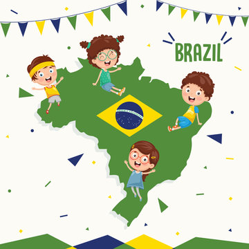 Vector Illustration Of Brazil Flag And Kids