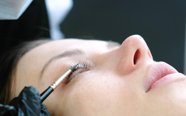 Cosmetologist rubs the client's eyelash with brush. lash lamination. Closeup eyes.