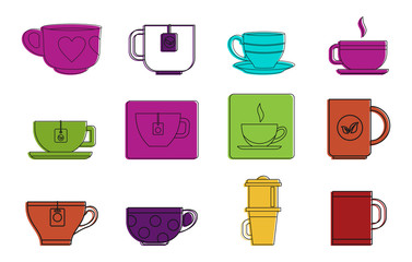 Tea cup icon set, color outline style
