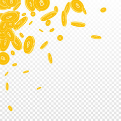 Russian ruble coins falling. Scattered floating RUB coins on transparent background. Cool scattered top left corner vector illustration. Jackpot or success concept.